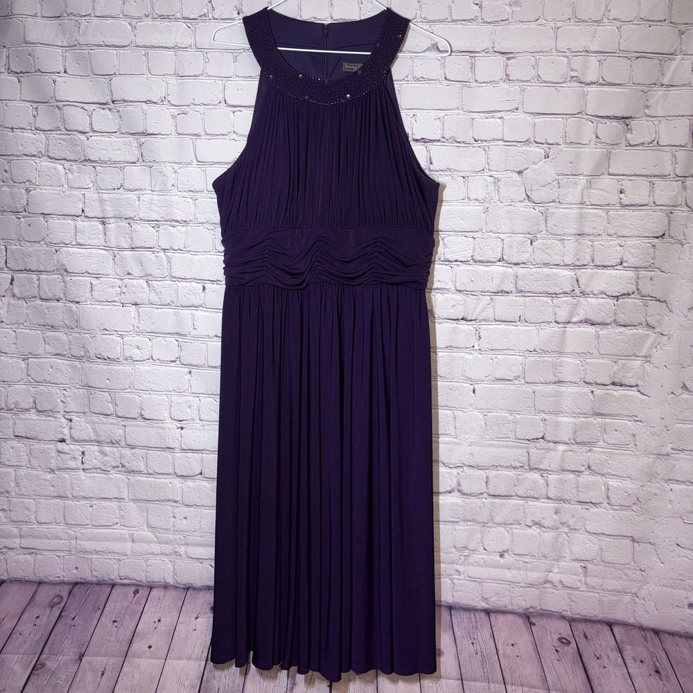 Purple Ruched Formal Evening Wedding Cocktail Midi Dress Beaded Sleeveless Sz 16 - Picture 2 of 5